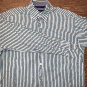 Nautica Vintage Button Down Shirt Green White Striped 90s Mens Medium Old Logo